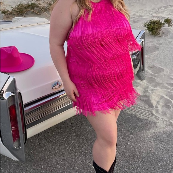 Hot Pink Fringe Halter Dress - Picture 3 of 6